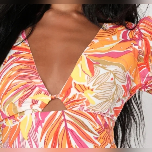 Lulus Made for the Islands Orange Floral Balloon Sleeve Tie-Back Top XS - Picture 5 of 11